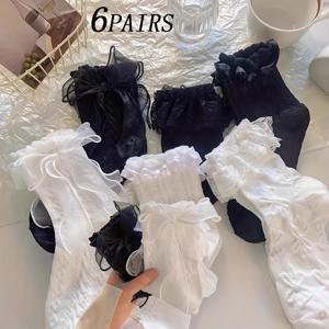 TEMU 블랙 앤 화이트 레이스 트림 숏 삭스 6켤레 - 스타일리시하고 심플한 여성용 블랙 앤 화이트 레이스 엣지 숏 삭스, 모든 계절에 적합한 클래식한 다용도 선택.