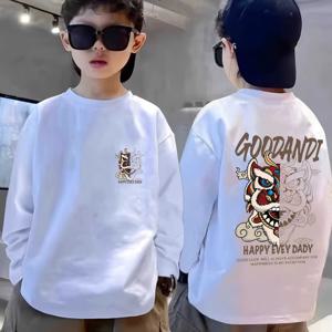 TEMU 금색 글자와 용 그림이 있는 긴팔 티셔츠 - 캐주얼 라운드넥, 중간 스트레치 원단, 레귤러 핏, 봄/가을 캐주얼 복장에 필수, 남아 반팔티, 남아옷, 남아 티셔츠, 아동복, 남아 가을옷