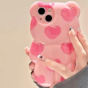 TEMU 휴대폰 케이스 - 브랜드 뉴 오리지널 스위트 핑크 곰돌이 폰 케이스, 아이폰 X/Xr/Xmax/11/11Pro/12/13/14/15 호환, 하트 패턴. 높은 미적 감각, 남자친구, 또는 가족 구성원에게 선물하기에 완벽합니다. ~곰돌이 디자인 - 핑크 - Swe