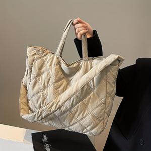 TEMU 여성용 대용량 퀼팅 나일론 토트백 - 다크 그린, 숄더 스트랩, 다중 포켓, 지퍼 잠금, 튼튼한 안감 - 스타일리시한 격자 무늬 스티칭 디자인, 여행 및 일상 사용에 적합|크로스백