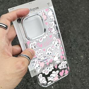 TEMU 풀 스크린 귀여운 토끼 폰 케이스, 아이폰 17 16e 16 15 14 13 12 11 프로 맥스 에어 X XR XSMAX 8 7 플러스 호환, 메탈 실버 렌즈 프레임 투명 소프트 백커버