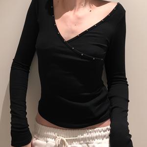 TEMU 여성용 슬림핏 크로스오버 V넥 긴팔 티셔츠 - 솔리드 컬러 베이스 V-림블라인드 디자인, 미디엄 스트레치 레이어링 탑, 봄/가을용, 오피스에서 세미포멀 웨어까지, 세탁기 사용 가능 - 다용도 블라우스|셔츠