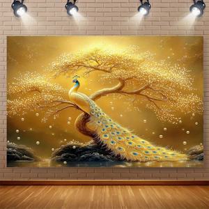 TEMU 1개 골든 피콕 & 부자수 태피스트리 - 고급스러운 중국풍 벽걸이, 금색 잎사귀 & 파란 피콕 깃털, 결혼식, 생일, 홈/가든 장식용 번영 상징 - 내구성 강함 (전기 필요 없음)