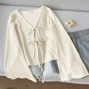 TEMU 여성용 캐주얼 솔리드 컬러 타이 커프 플레어 소매 셔츠 V넥 탑