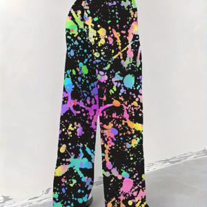 TEMU 여성용 3D 프린트 와이드 레그 트라우저 - 네온 야광 페인트 스플래시 패턴, 부드럽고 통기성 좋은 원단, 세탁기 사용 가능 & 색상 변색 방지, 사계절 내내 편안함