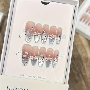 TEMU 10개 귀여운 핑크 프린트 블러쉬 프렌치 고양이 눈 스타일 수제 아크릴 네일, 긴 아몬드 모양 인조 네일, 젤리 글루 및 네일 파일 포함, 발렌타인데이, 뮤직 페스티벌, 학교 및 여행용 네일 용품으로 적합.|네일재료