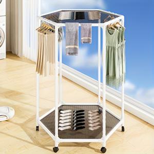 TEMU 360° 회전 메시 옷걸이 | 육각형, 독립형, 공간 절약형, 풀아웃 디자인 (셔츠, 드레스, 넥타이, 양말, 수건, 코트용) | 철제 프레임, 2단, 용량, 침실, 발코니, 기숙사 적합|빨래건조대