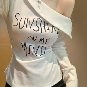 TEMU 화이트 아сим메트리 롱 슬리브 티셔츠 | 여성용 가을 신상 아메리칸 알파벳 프린트 디자인, 슬림핏, 출퇴근 스타일, Y2K 청춘룩