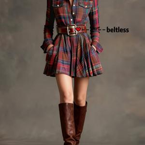 TEMU 여성용 우아하고 세련된 멀티컬러 체크 빈티지 숏 드레스, 허리 조임 디자인, 스타일리시한 버튼업 슬림핏 칼라 셔츠 드레스, 모임과 파티에 완벽한 선택. 벨트 미포함|여성원피스|드레스