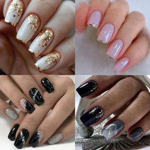 TEMU 96개 중간 크기 사각형 인조 손톱 세트. 블랙 & 그레이 그라데이션 글리터와 불규칙한 라인이 혼합된 컬러, 핑크 펄과 골드 프렌치 팁이 특징입니다.|네일팁