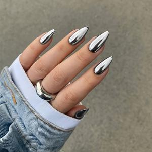 TEMU 다양한 댄스 파티에 적합한 실버 미러 아몬드 네일 플레이트 24개