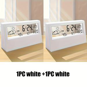 TEMU 2개 LED 무소음 스마트 날씨 전자 시계, 디지털 온도 & 습도 데스크탑 알람시계 (캘린더 포함) - 배터리 별매