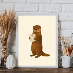 TEMU 2D 플랫, 1개 귀여운 수달이 휴지를 들고 있는 모던한 베이지 및 브라운 동물 욕실 데코 포스터 프린트 - 액자가 없는 캔버스 벽걸이 아트 (홈, 오피스, 기숙사용) - 재미있는 화장지 디자인, 집들이 선물, 크리스마스 & 할로윈 장식