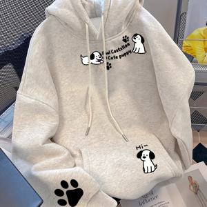 TEMU 귀여운 강아지 발자국, 레터 프린트가 돋보이는 미국 스트리트 스타일, 남녀 공용 긴팔 후드 플리스 스웨트셔츠, 루즈핏 커플 하이 스트리트 트렌디 후드티, 가을/겨울용 다용도 탑