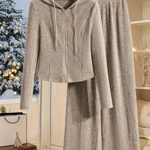 TEMU 우아한 여성용 솔리드 컬러 후드 긴팔 상의와 바지 2피스 세트|블라우스|냉장고바지|옷