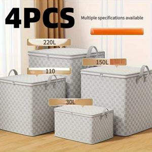TEMU 4개 대형 접이식 보관백 (뚜껑 및 강화 핸들 포함) - 내구성 강한 원단 접이식 정리함, 옷, 담요, 침대 시트, 세탁물에 적합 - 대용량 직사각형 보관함, 침실, 이사, 계절별 공간 절약용|이불|이불정리함
