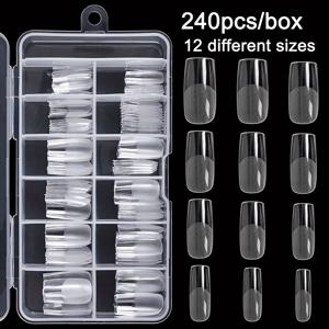 TEMU 240개 인조 풀커버 네일 소프트 클리어 젤 팁 12사이즈 스퀘어 샤프 인조 손톱 홈 DIY 네일 살롱용