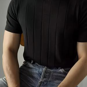 TEMU 남성용 슬림핏 텍스처 캐주얼 반팔 니트 스웨터 - 통기성 여름 라운드넥 풀오버, 단색, 손세탁 전용, 일상 편안함, 다재다능한 패션, 중간 신축성, 착용감 좋은 니트