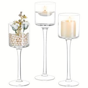 TEMU 유럽풍의 우아한 유리 촛대 세트 (3개), 촛불 저녁 식사 사진 소품, 결혼 기념일, 생일 장식, 식탁 및 거실 장식, 발렌타인데이, 새해 등에 완벽