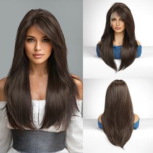 TEMU 13*6 레이스 프론트 가발, 커피 컬러의 긴 레이어드 헤어, 고품질 내열 합성 섬유로 제작, 뮤직 페스티벌, 일상 파티, 결혼식, 휴일, 크리스마스, 어버이날, 졸업 시즌, 여행에 적합