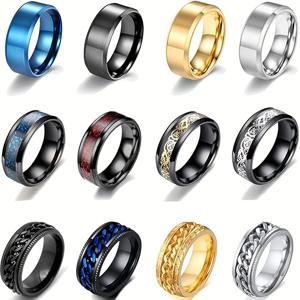 TEMU 남녀 공용 8mm 201 스테인리스 스틸 피젯 밴드 체인 스피너 링 12개입, 드래곤 패턴 광택 웨딩 불안 해소 링 세트, 사이즈 7-12