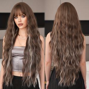 TEMU 할로윈 드레스업 가발 루틴 가발 롱 루즈 웨이브 애쉬 브라운 가발 앞머리 포함 고밀도 실버 가발 내열 합성 가발 여성용 데일리 파티용 36인치