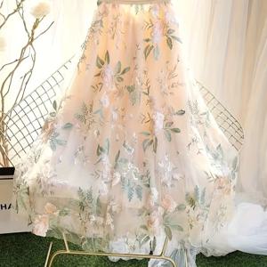 TEMU 여성용 우아한 꽃 자수 A라인 미디 스커트 - 신축성 있는 허리, 가벼운 메쉬 소재, 봄 & 여름 캐주얼 착용, 루즈핏, 올 시즌 다용도, 캐주얼 착용 | 꽃 프린트 스커트 | 자수 디테일링, 꽃 스커트