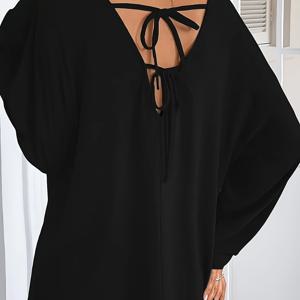 TEMU 플러스 사이즈 - 트렌디한 여성용 우아한 라운드넥 티셔츠, 솔리드 컬러 디자인, 뒷면 타이 디테일, 레귤러 길이, 모든 계절에 적합