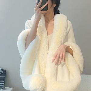 TEMU 플러스 사이즈 - 여성용 스타일리시 아크릴 모피 칼라 카디건 - 웨딩, 저녁 파티, 캐주얼 의상용 캐주얼 & 우아한 긴 소매 숄, 25.6