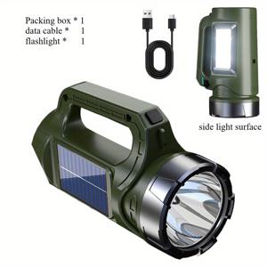 TEMU 1개 태양광 초밝은 장거리 야외 핸드헬드 플래시라이트, 손잡이 및 고휘도 사이드 라이트 포함, ABS 내구성 소재, 타입-C 및 태양열 충전, 18650 리튬 배터리 대용량 1200mAh 연속 사용 가능, 다기능 조절 모드 4단계 스트로브 기능, 야간 여행, 야외 스포츠, 탐험에 적합한 고휘도 롱스로우 핸드헬드 플래시라이트
