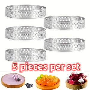 TEMU 5개 세트의 스테인레스 스틸 무스 링, 4인치 스테인레스 스틸 라운드 홀 케이크 링, 주방 베이킹 도구, DIY 쿠키 몰드 케이크 몰드 - 비스킷 코팅, 분리 및 탈착이 쉬움, 청소가 쉬움