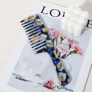 TEMU 플로럴 프린트 와이드 이빨 컬링 콤 - 곱슬머리 및 젖은 머리를 위한 안티스태틱 플라스틱 탈착 콤, 인체공학적 핸들로 부드러운 스타일링, 파손 및 퍼짐 방지, 자연스러운 컬 촉진