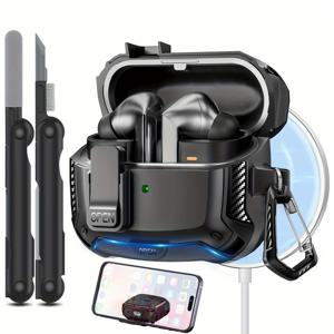 TEMU 갤럭시 버즈 3 & 프로용 충격 방지 케이스, 폰 스탠드 포함 - 내구성 있는 보호 커버, 스크래치 방지, 잃어버리지 않게 하는 클립, 청소 키트 포함, 블랙, 액세서리