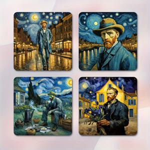TEMU 4pcs Van Gogh-Inspired 자석 냉장고 스티커 - 별빛 야경 테마가 있는 내구성 있는 나무 냉장고 장식, 주방 및 가정에 완벽한, 부활절, 추수감사절, 어머니의 날, 발렌타인데이에 이상적인, 별빛 야경 디자인, 내구성 있는 나무 재질, Van Gogh 자석