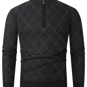 TEMU 남성용 쿼터 집업 풀오버 스웨터, 니트 자카드 마름모 스웨터