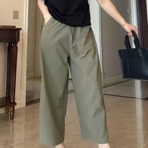 TEMU 아이스 슬릭키 파이버 원단 쓰리쿼터 와이드 레그 팬츠, 에어컨 쇼츠, 여성용 봄 여름 가을 얇은 2025 신상 캐주얼 빠른 건조 좁은 바지, 탄력 있는 허리밴드로 출퇴근 및 다용도|반바지|여름바지