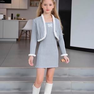 TEMU 여아용 우아하고 캐주얼한 단색 털 カーディ건 재킷과 리본이 달린 슬림핏 캐미솔 원피스 세트, 봄 가을 아웃도어 캐주얼웨어용, 야외 활동에 적합