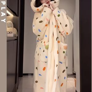 TEMU 25AW 홈 트렌드 1개 여성용 가을/겨울 따뜻한 후드 플란넬 가운, 두꺼운 안감 달콤한 컬러풀 도트 나이트가운