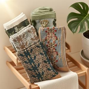 TEMU 여성용 미드 튜브 양말 3켤레 | 레트로 3차원 레리프, 편안하고 다용도, 캐주얼하고 예술적인 숲 스타일 플로럴, 데일리/캐주얼/아웃도어/스포츠 웨어에 적합, 원단