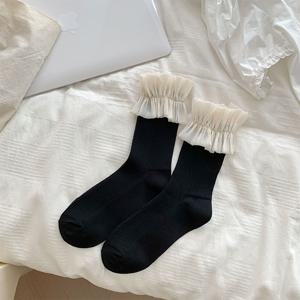 TEMU 플리츠 장식이 있는 흰색 레이스 트림 LOLITA 스타일 양말 한 쌍. 메리 제인 신발과 함께 착용하도록 디자인되었으며, 얇고 중간 길이의 스타일입니다.