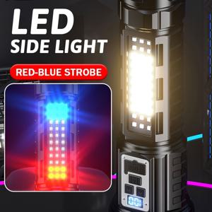 TEMU 1개 다용도 USB 충전식 대형 휴대용 토치, 14가지 조명 설정, 밝은 LED 배터리 표시등, 탐험용 노란색 조명, 빨간색 및 파란색 스트로브 기능이 있는 비상용 손전등