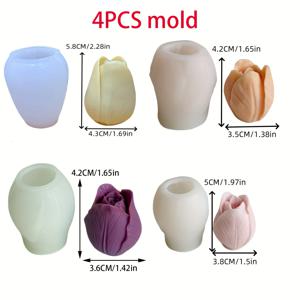 TEMU 4개입 튤립 꽃 몰드 - 실리콘 DIY 공예용 몰드, 리얼리스틱 튤립 꽃잎과 잎 포함, 캔들, 비누, 레진, 석고 주조용 - 홈 데코레이션을 위한 불규칙한 꽃 모양 (왁스, 레진, 클레이 호환)