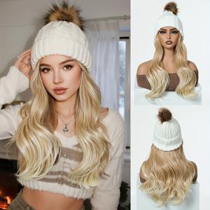 TEMU 16인치 컬리 니트 가발 (내장형 캡 포함, 화이트 캡)