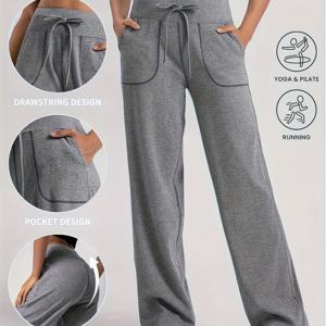 TEMU 여성용 하이웨이스트 요가 와이드 레그 팬츠 (포켓 포함) - 높은 탄성 허리 밴드 특징, 피트니스, 러닝 및 사계절 캐주얼 웨어에 적합, 세탁기 사용 가능한 단색 스포츠 레깅스, 라이프스타일 의류