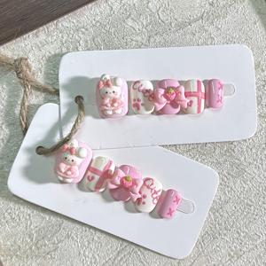 TEMU 10개입 핸드메이드 프레스온 네일 - 드레스를 입은 토끼와 귀여운 리본, 핑크 & 화이트 네일 아트, 데일리웨어, 휴일, 모임, 파티에 완벽한 섬세하고 달콤한 디자인