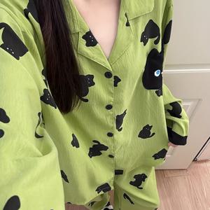 TEMU 재고 있음 고품질 한국 스타일 여성 라운지웨어 세트, 봄/가을 캐주얼 가디건 파자마 긴팔과 바지, 귀여운 고양이 프린트, 루즈핏, 홈웨어 또는 외출용 투피스 의상