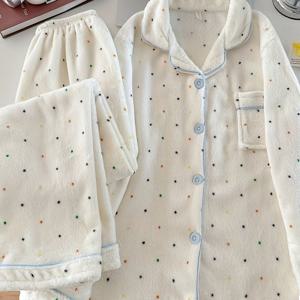 TEMU 여성용 가을 겨울 턴칼라 카디건, 달콤하고 상큼한 코랄 플란넬 긴팔 긴바지 캐주얼 라운지웨어 세트|잠옷|냉장고바지|가디건