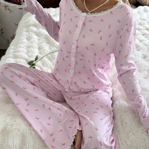 TEMU 가을 겨울 긴팔 긴바지 리본 프린트 파자마