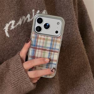 TEMU 폰케이스: 귀여운 도파민 겨울 컬러 블록 매치 체크무늬 전기도금 프레임 아이폰 17 에어 16 15 14 13 12 프로 맥스 크레용 소프트 TPU 백커버