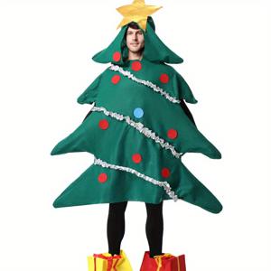 TEMU 3pcs 남성용 크리스마스 트리 코스튬 세트 - 녹색 후드 파티 의상 (빨간색 및 소매), 금색 별 모자 장식